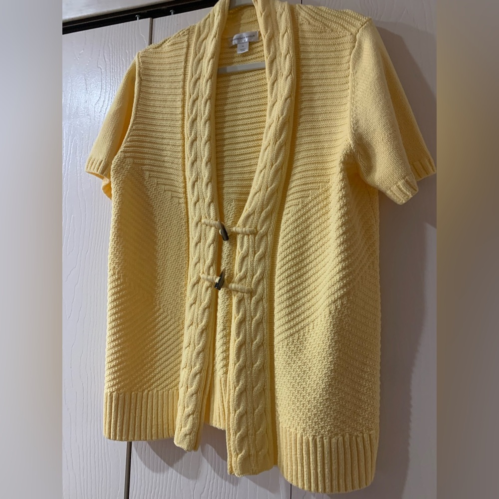 Christopher & Banks Short-Sleeve Cable-Trim Open Cardigan in Pale Yellow